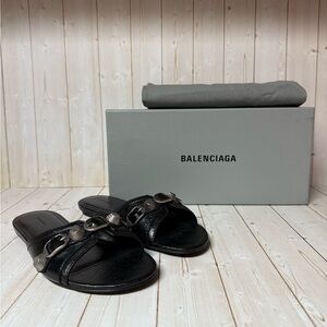 Balenciaga Agneau Arena Cagole Lambskin Leather Slide Sandals Black Sz 36 / 6